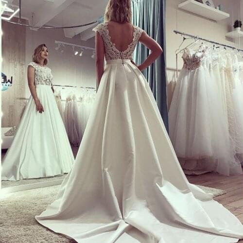 Gorgeous Satin Lace Applique Wedding Dresses Capped Sleeve Scalloped Chapel Train A-Line Bridal Dress Satin Sashes New Arrival