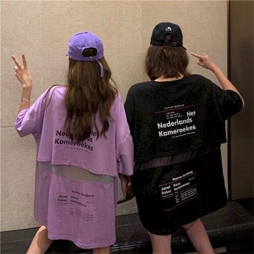 T-shirt womens top design sense mesh stitching cotton short-sleeved T-shirt women 2020 new Korean version loose mid-length ins