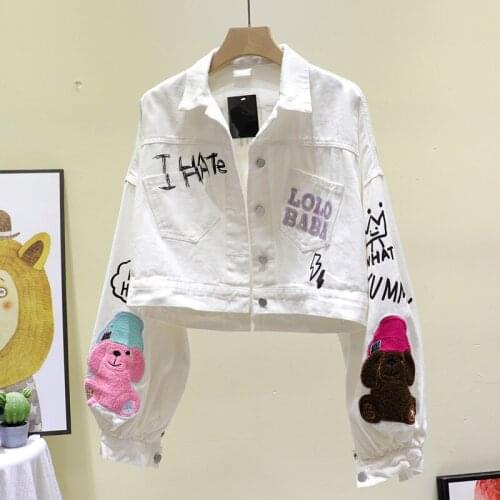 Chaqueta Mujer Sequins Letters Print Women Casual White Cartoon Denim jacket Short Coat Autumn Fashion Loose Jean jacket Female