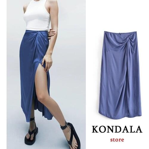 KONDALA Womens Skirt Za Fashion 2021 Front Split Pleated Midi Skirts Female High Waist Stain Sexy Mujer Fladas