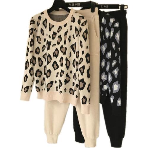 Leopard Printed Knitted Tracksuit Set Women Autumn Winter o Neck Pullover and Harem Pants 2 Pcs Suit Korean Style Sport Clothes