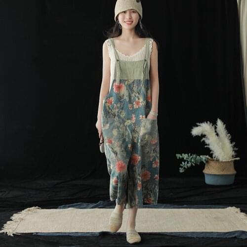 Vintage Denim Overalls Womens Casual Bib Jumpsuit Rompers Distressed Floral Print Boyfriend Jeans Wide Leg Crop Pants Oversized