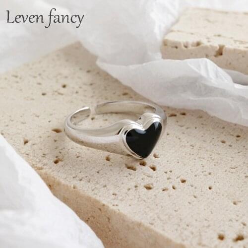 925 Sterling Silver Jewelry Love Heart Shaped Black Epoxy Wedding Engagement Rings Open Size Women Gift Real Silver Ring 925