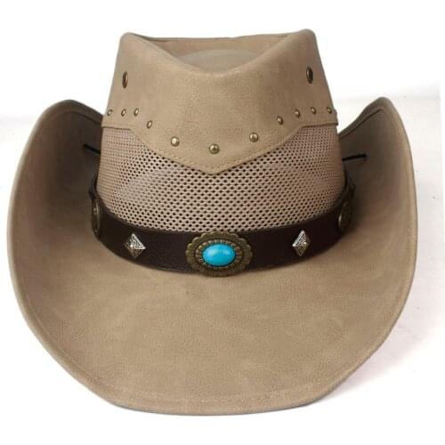 100% Leather Men Women Mesh Western Cowboy Hat Wide Brim Hat Outdoor Sombrero Hombre Cowgirl Hat Turquoise