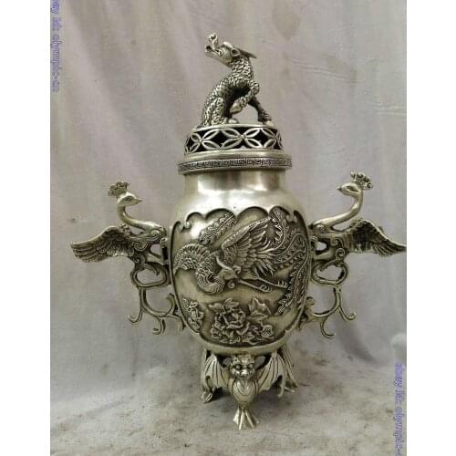 12" China silver carved finely Foo Dogs Lion phoenix bat censer incense burner