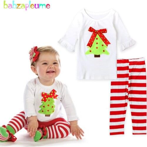 2Piece/0-5Years/Baby Girls Clothes Christmas Outfit Cartoon T-shirt+Stripe Pants Kids Tracksuit For Children Clothing Set BC1333