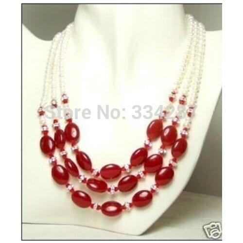 3Rows Genuine 6-7MM Pearls Red Jades Wedding Jewelry gift necklaces