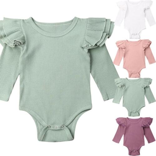 4Color Newborn Baby Girl Clothes Tops Long Sleeve Solid Ruffles Romper Sunsuit Outfit Set