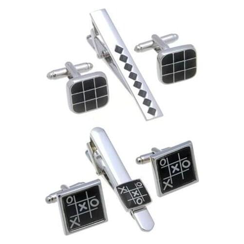 5sets/lot Silver Square Black Enamel Cufflinks Tie Clip Set Engrave Grid/XO Pattern Cuff Links&Tie Pin Bar Set Mens Jewelry