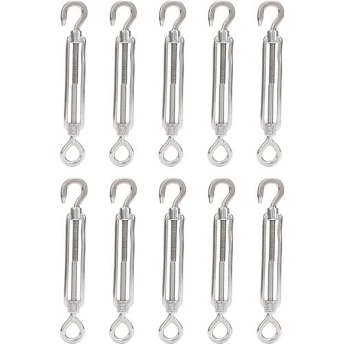 ABSF 10 Pcs M6 304 Stainless Steel Turnbuckle Screw Hook Adjustable Wire Rope Tension Draw-In Bolt (Hook & Eye)