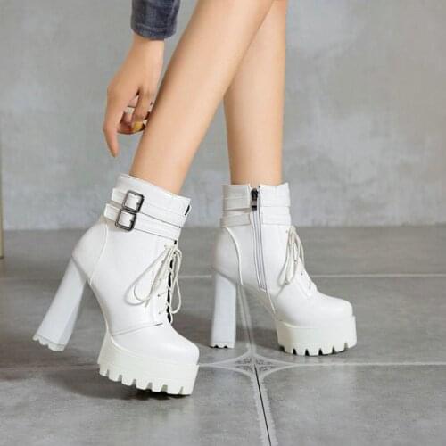 ZawsThia Western White Brown Black Platform Anti-skid Sexy Super Block High Heels Womans Shoes Lace-up Women Ankle Boots Size 43