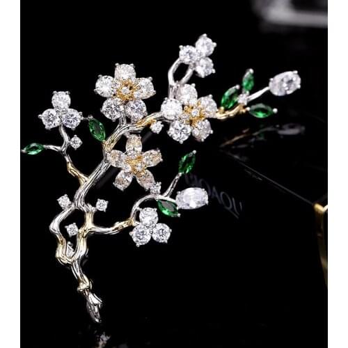 Elegant plum blossom flower cubic zirconia brooches pin lady scarf buckle wedding jewelry accessory for women HR04091