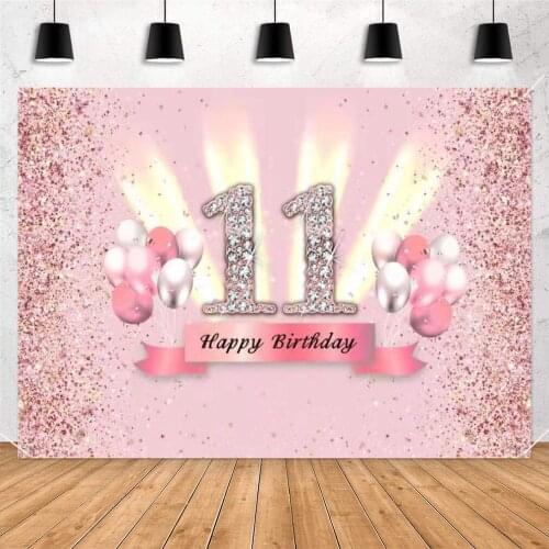 Happy 11th Birthday Backdrop for Girls Happy Eleven Years Old Birthday Party Background Shining Glitter Spot Pink Party Banner