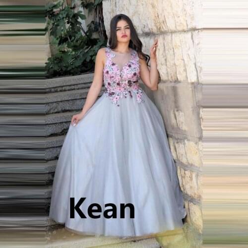 Illusion Evening Dress Tank Applique Handmade Flower Special Occasion robe soiree Islamic Dubai Kaftan Saudi Arabic Prom