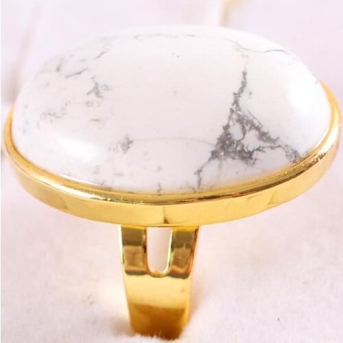 Finger Ring For Woman Men Natural Stone Gem Oval Beaded Ring White Howlite Ring Adjustable Jewelry Gift 1Pcs Z331