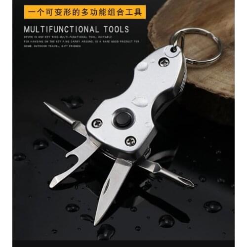 Multifunctional mini keychain, portable folding knife, bottle opener with LED light, EDC outdoor portable tool