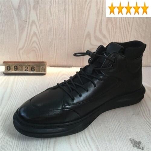 Mens Genuine Leather Active High-Top Cowhide Round Toe Elastic Band Breathable Waterproof Outdoor Black Warm Casual Shoes