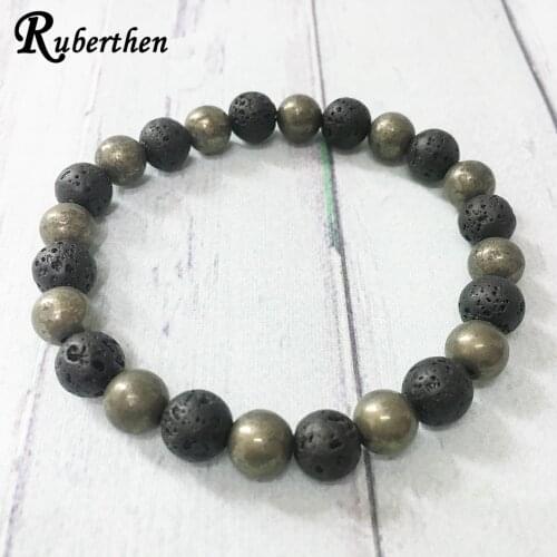 Ruberthen New Design Men`s Energy Power Bracelet Natural Pyrite Lava Stone Bracelet Best Gift Jewelry for Boyfriend