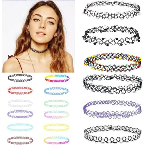 Newest arrival 12Pcs/Set Fashion Stretch Tattoo Rainbow Necklace Punk Gothic Elastic Choker Retro Punk Tattoo Necklace