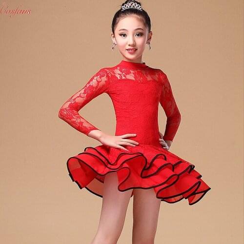Lace Sequin Kids Newest Sexy Ballroom Dresses Tango Salsa Latin Dance Dress Children red black lace dress for girls long sleeve