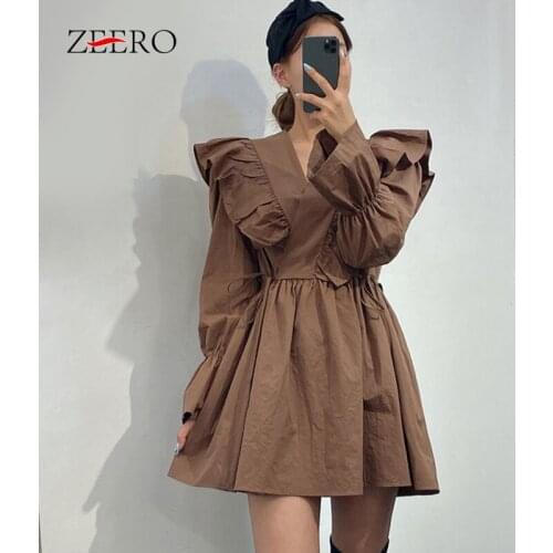 Autumn Sweet Coffee Long Flare Sleeve V-Neck Lace Up Women Dresses Korea Female Casual Ruffles Sexy Dress Ladies Shirt Dress