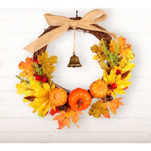 Thanksgiving Autumn Garland Harvest Festival Maple Leaf Pumpkin Door Bell Window Decor Christmas Hanging Wreath Rattan Decor