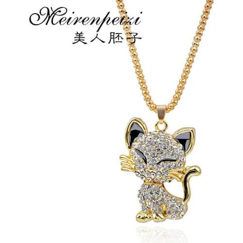 Pretty Shine Rhinesto Cat Necklace Gold Filled Enamel Crystal Long Sweater Chain Necklaces Pendants For Women Girls Jewelry