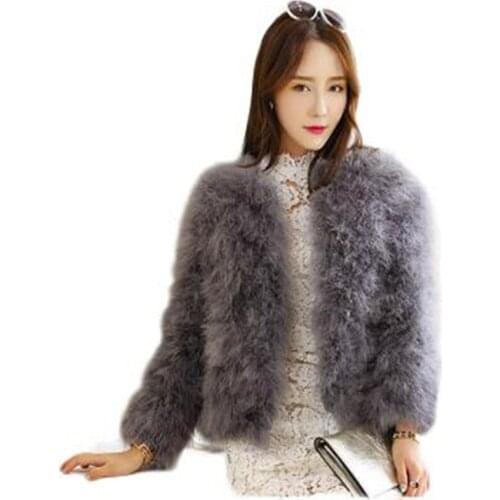 Hot Sale New 2017 Women Autumn Winter Short Slim Coat Thick O-Neck Full Sleeve Solid Sexy Ostrich Feather Faux Fur Coats AB026