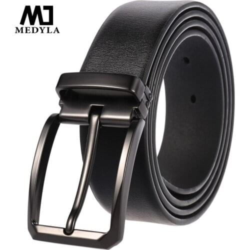 Medyla New Mens Belt Fashion Pin Buckle Casual Leather Belts Trend Business Belt Punching Silver Buckle Black Belt