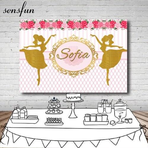 Sensfun Gold Dance Ballerina Party Backdrop Pink Flowers Birthday Party Girls Bed Headboard Backgrounds For Photo Studio 7x5FT