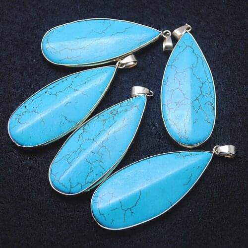 1pc women blue turquoise stone earring teardrops size 55x25mm with metal silver color womens necklace jewelry making findings