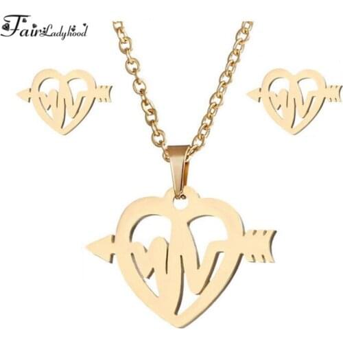 Fairladyhood Cute Arrow Cross Heart Sweater Chain Necklace and Cute Arrow Cross Heart Earrings Stainless Steel Jewelry Set