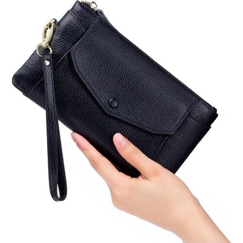 Real Leather Thin Women Clutch Hand Bags Soft Genuine Leather Cell Phone Bags Long Zipper Designer Handbags Wallets Pouch