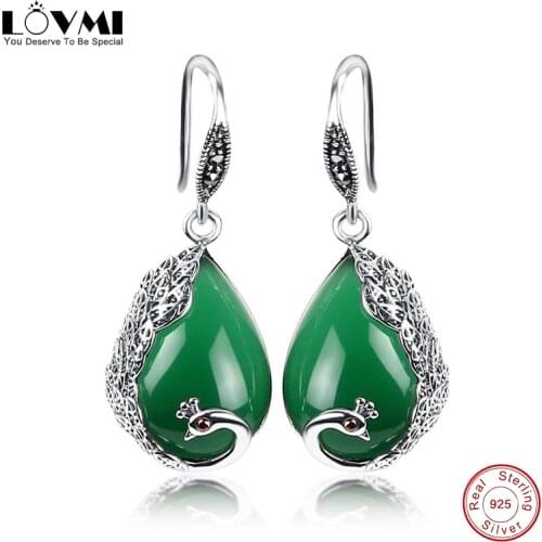 Vintage S925 Silver Hanging Earrings Emerald Ruby Jade Gemstone Water Drop Peacock Earring Wedding Party Women Jewelry Drop ship