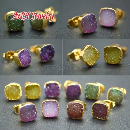 Lovely Women Stud Earrings Super High Quality Natural Druzy Stone Jewelry 8mm Square Shape Gold Color Earrings 5pairs/lot
