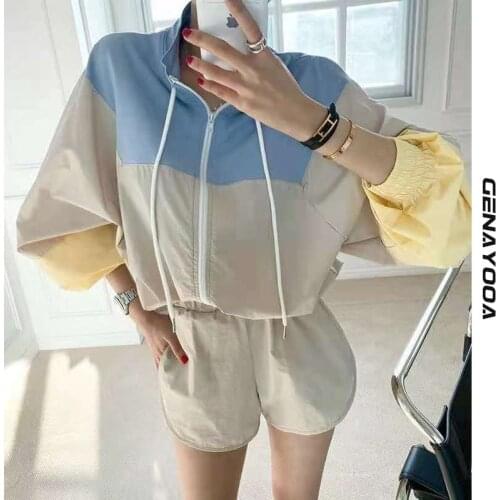 Genayooa Patchwork Shorts Set 2021 Autumn Fashion Korean Tracksuit Women Two Pieces Set Leisure Outfits Jackets And Shorts Suit