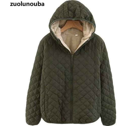 2020 Autumn And Winter Slim And Thin Check Lamb Wool Ladies Hooded Zipper Coat Thick Warmth Solid Color Women Cotton Clothing