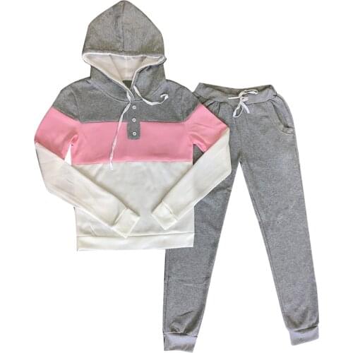 2Pcs Casual Women Sports Suit Color Block Buttons Hoodie Ankle Tie Long Pants