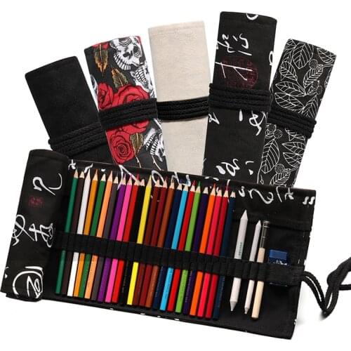 36/48/72 Pencil Case School Art Supplies Pen Bags Holes Roll Pencil Pouch Penalties Cool Stationery Black Rose Leaf Wrap Gifts