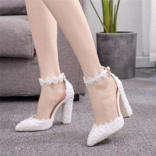 White ladies wedding shoes crystal pearls with bridal shoes ladies dress shoes sweet party shoes