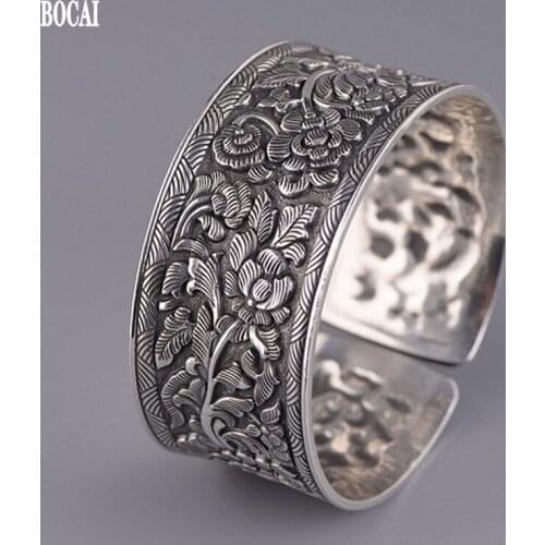 100% s925 Pure Silver Retro Thai Handmade Pattern Fashionable Ethnic Style Peony Blossoms Wide Version of Rich Woman Bracelet