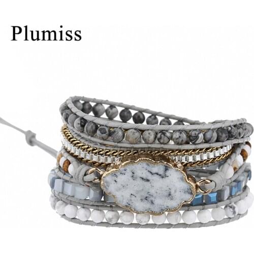 Plumiss Dalmatian Jaspers Wrap Bracelets Stainless Steel Chains Offwhite Gray Natural Stones Boho Bracelet for Women Jewelry