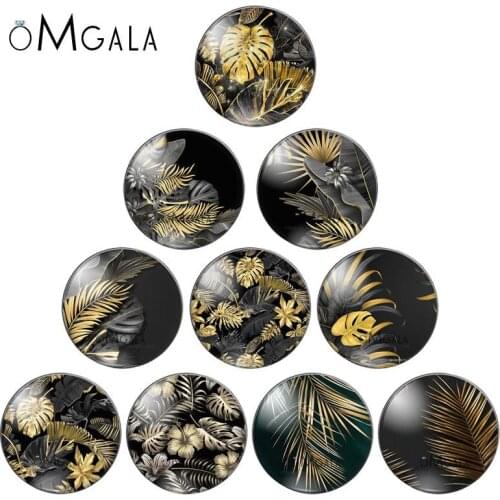 Black Golden Tropical Leaves 10pcs 8mm/10mm12mm/18mm/20mm/25mm Round photo glass cabochon demo flat back Making findings