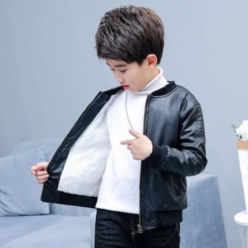 Kids Black Jacket Children Pu Coat Baby Boy Leather Outwear Plus Velvet Zipper Solid Color Coat Winter Clothing Fshion Boutique