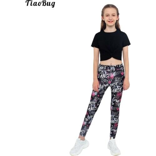 TiaoBug Kids Girls 2Pcs Summer Yoga Sport Suits Short Sleeves Knot Blouse With High Waist Letter Printed Leggings Sets