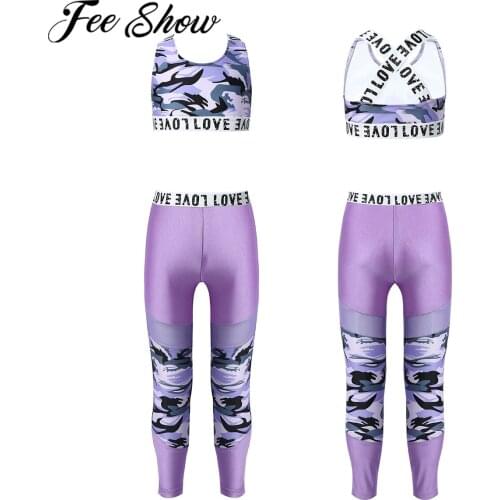 Kids Girls Elastic Sport Suit Letter Print Shoulder Strap Sleeveless Sport Bra Top Tanks Crop with Leggings for Yoga Gym Outfits