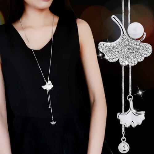 Crystal Chokers Women Necklaces & Pendants Silver Color Chain Long Necklace Ginkgo Biloba Femme Jewelry