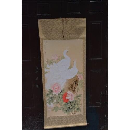 Antique Hand-painted Chinese paintings, long axis of the Qing Dynasty in China,peony&peacok,Free shipping