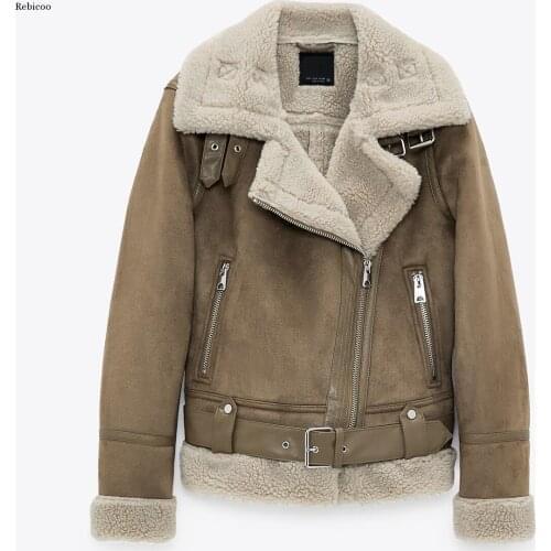 New womens wear thick warm winter retro suede lambs wool motorcycle jacket belt leisure loose man-made leather jackets