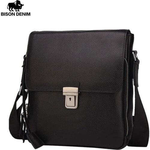 Bison Denim Casual Brand Mens Bag Genuine Leather Black Business Male Messenger bags Man Crossbody Bags For Men ipad